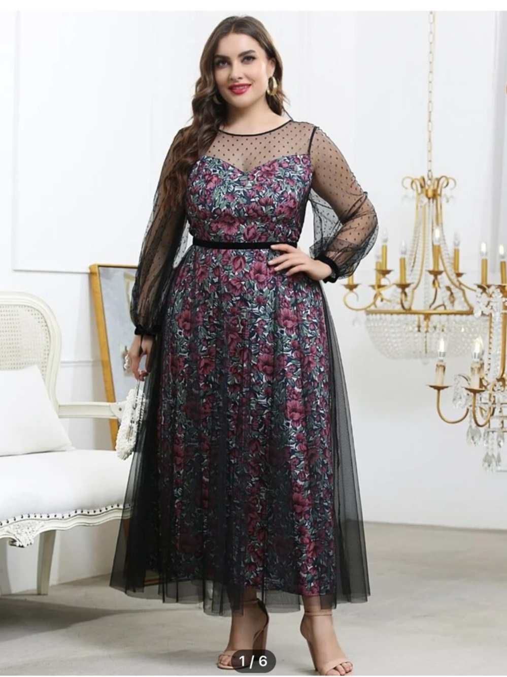 Floral Lace-Overlay Maxi Dress in Burgundy and Black